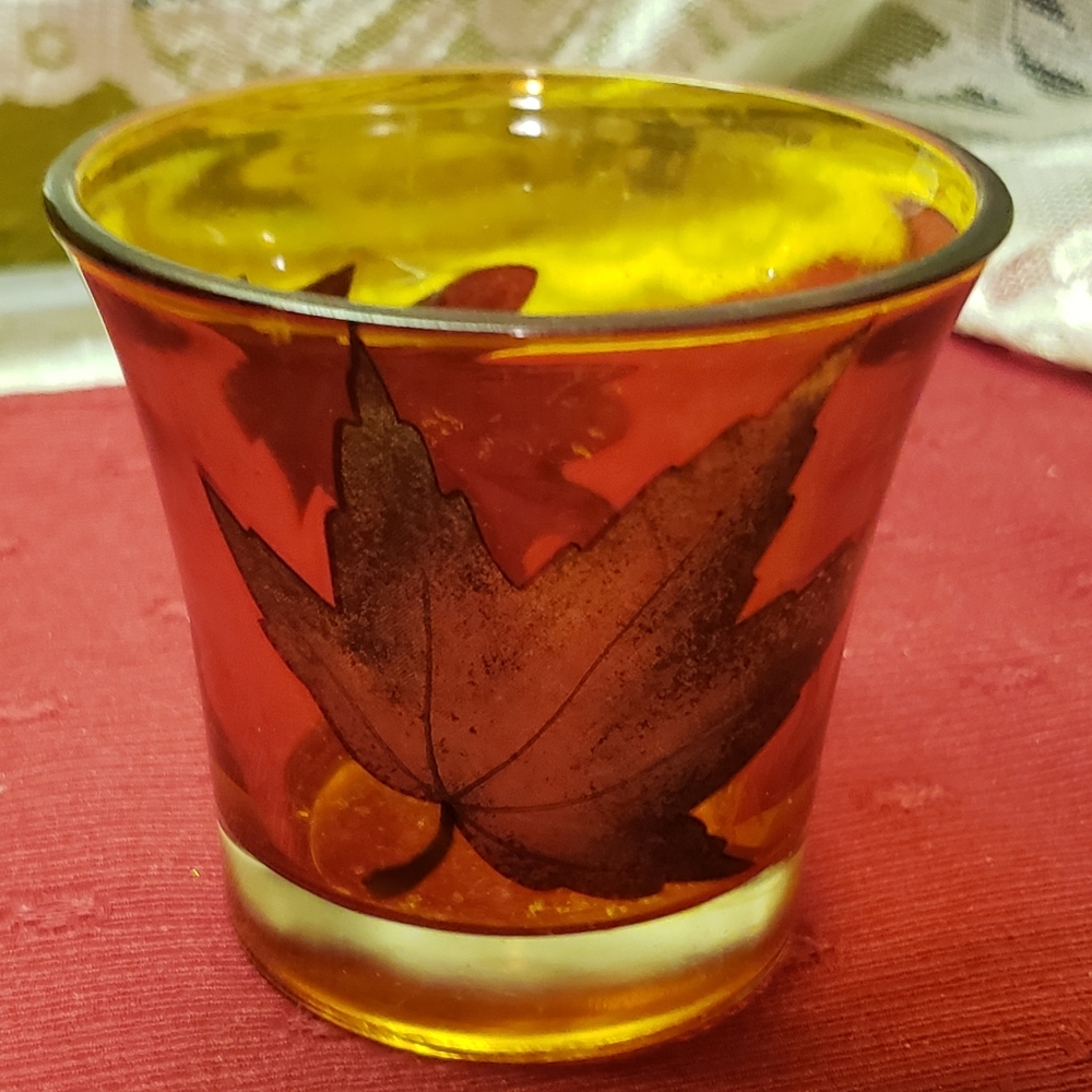Vintage Candle Holder Amber Glass Maple & Oak Leaf